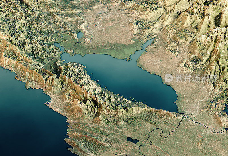 湖Skadar 3D渲染卫星视图地形图水平
